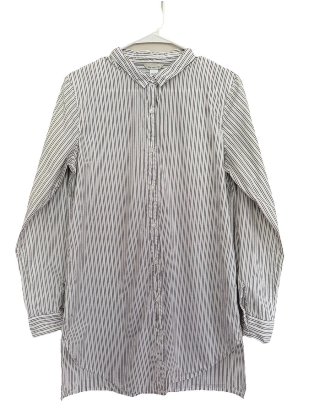 Garnet Hill Women’s Gray Striped Long Tunic Button Down Shirt Sz Small